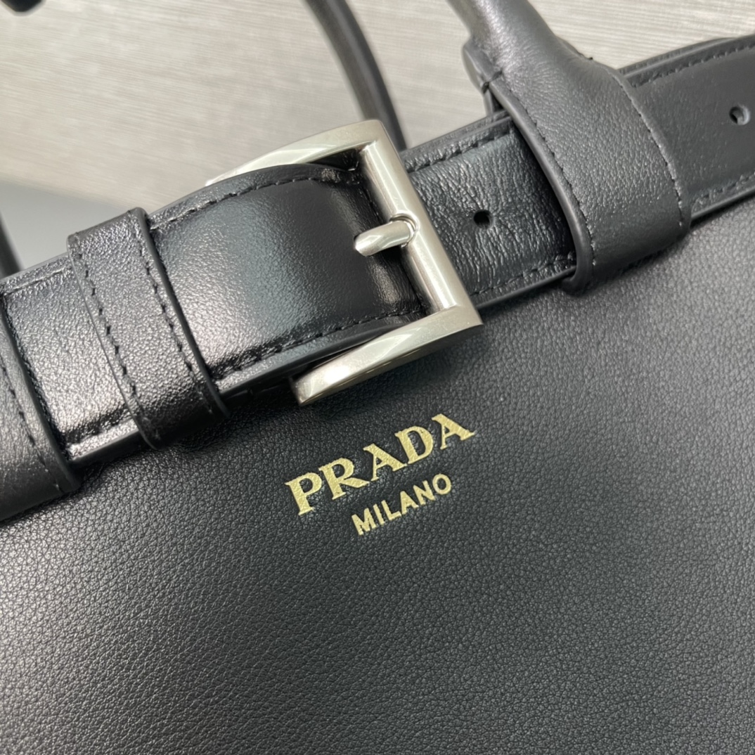 Prada Medium Buckle Leather Handbag Shoulder Bag With Belt Black 1BA434